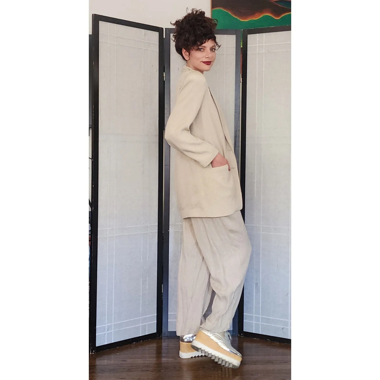 Vintage 80s 90s DONNA KARAN Pant Suit Beige Silk