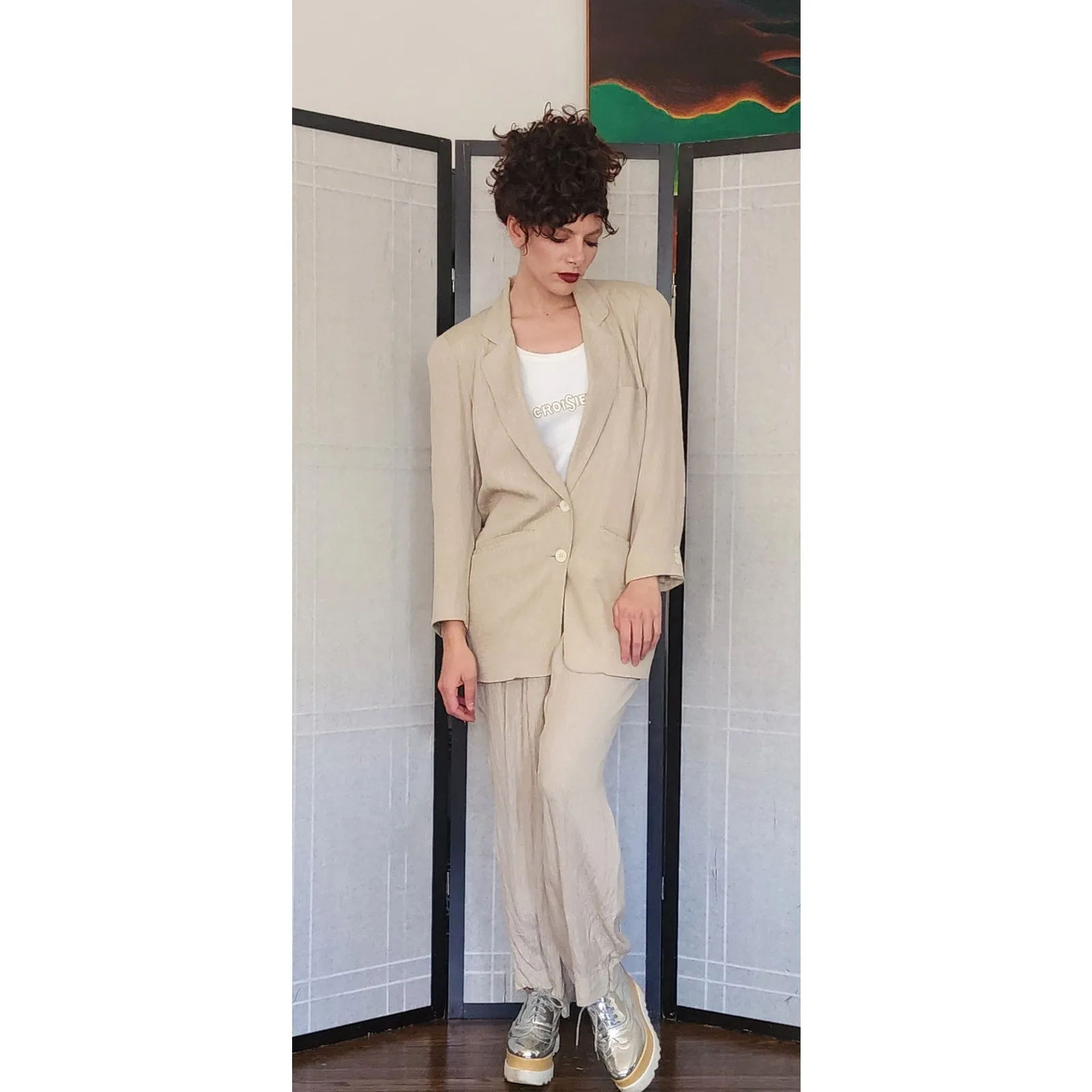 Vintage 80s 90s DONNA KARAN Pant Suit Beige Silk