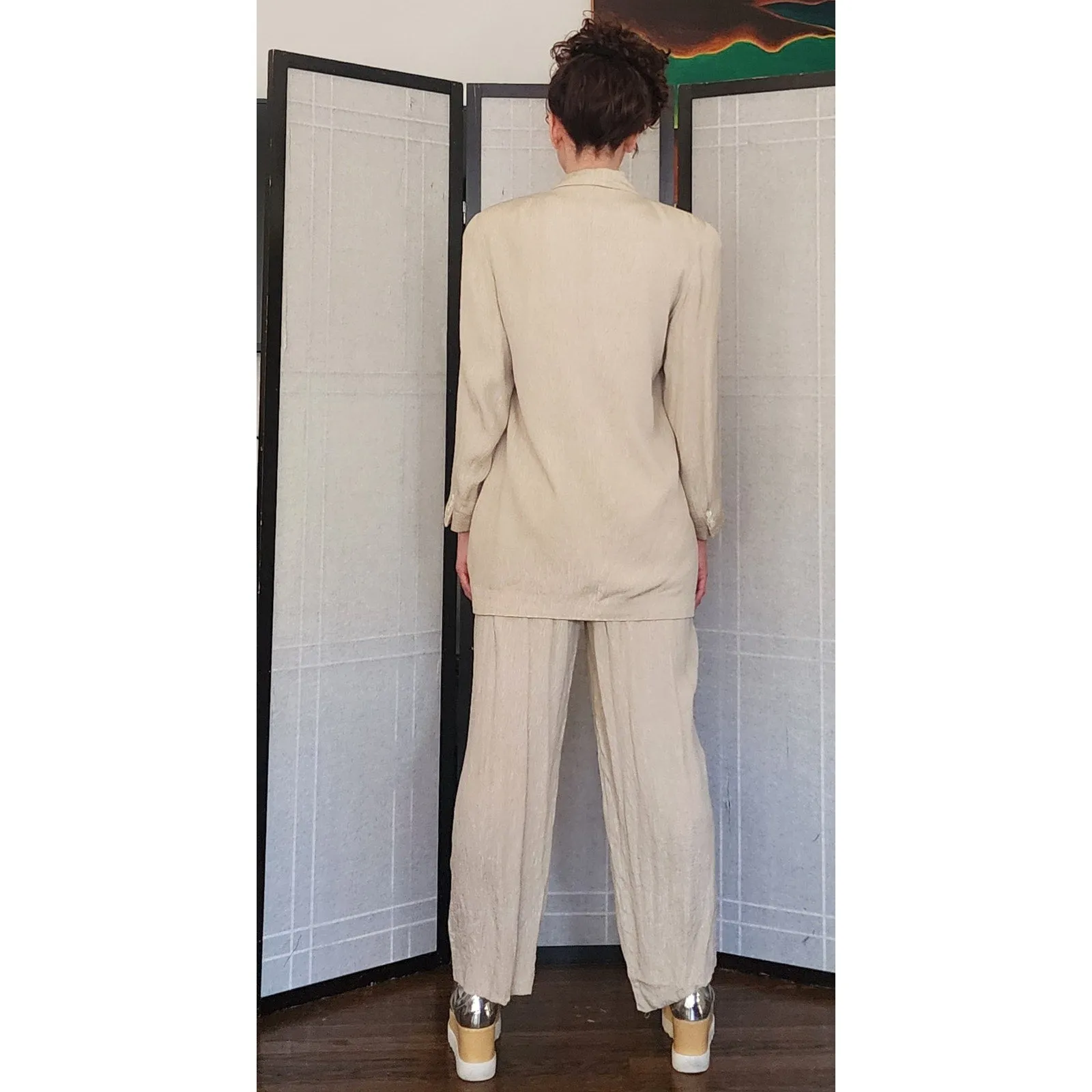 Vintage 80s 90s DONNA KARAN Pant Suit Beige Silk