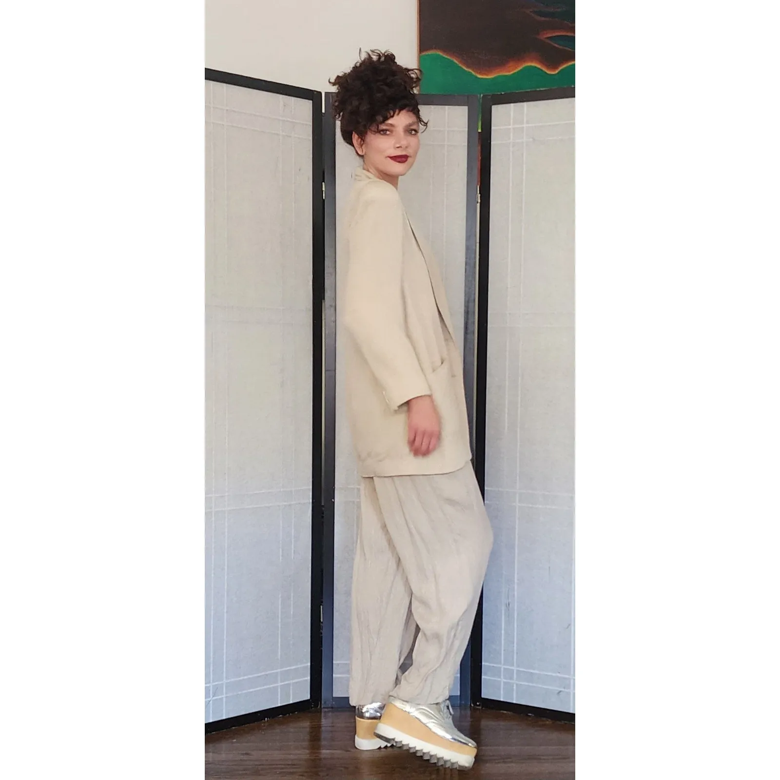 Vintage 80s 90s DONNA KARAN Pant Suit Beige Silk