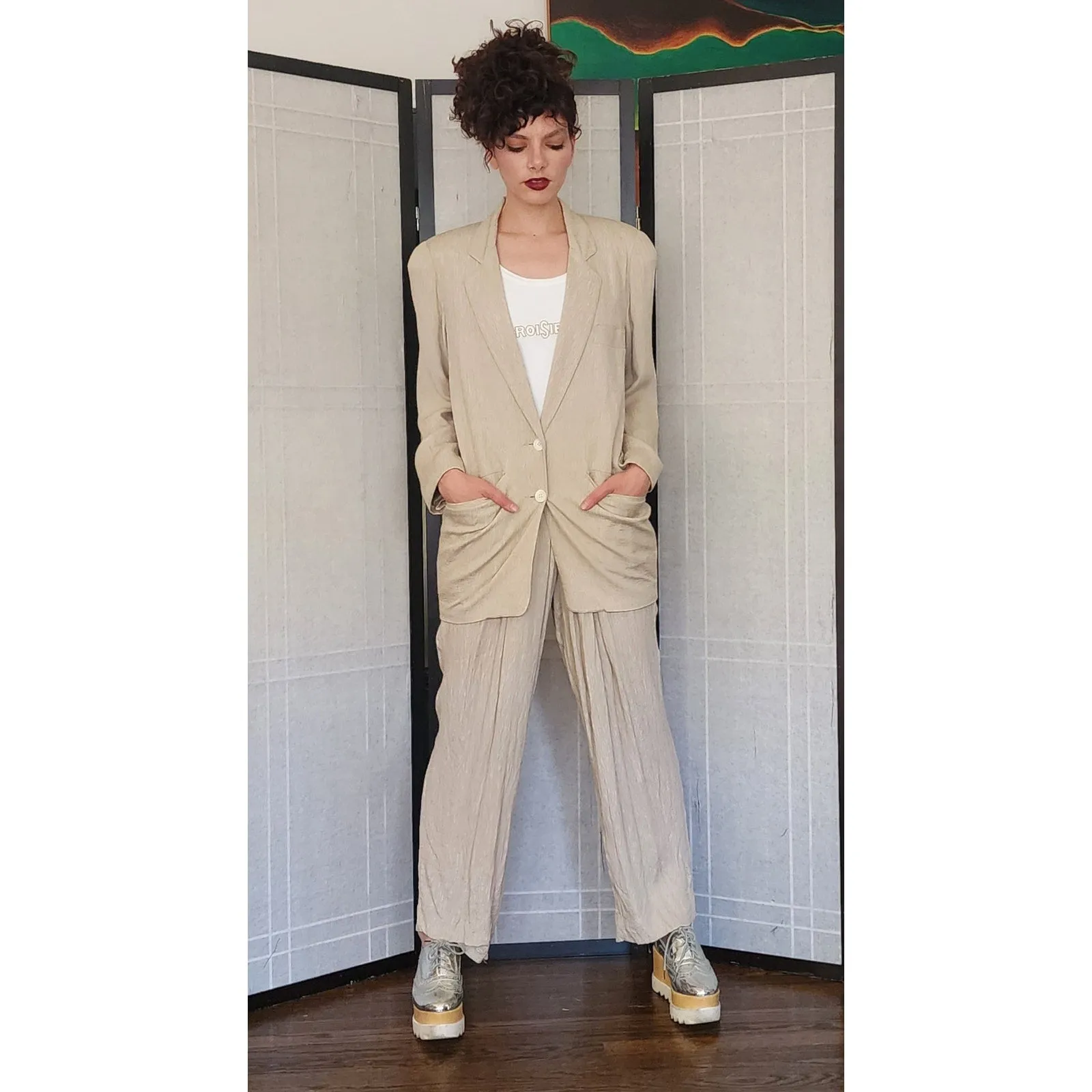 Vintage 80s 90s DONNA KARAN Pant Suit Beige Silk