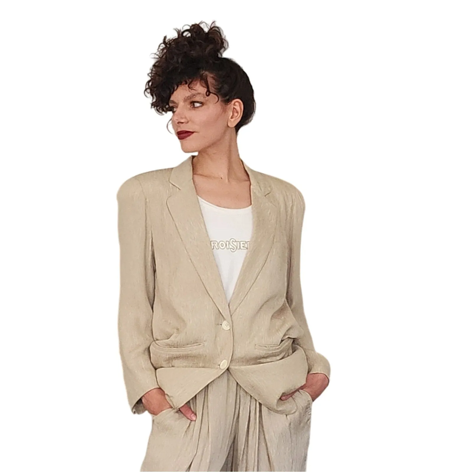 Vintage 80s 90s DONNA KARAN Pant Suit Beige Silk