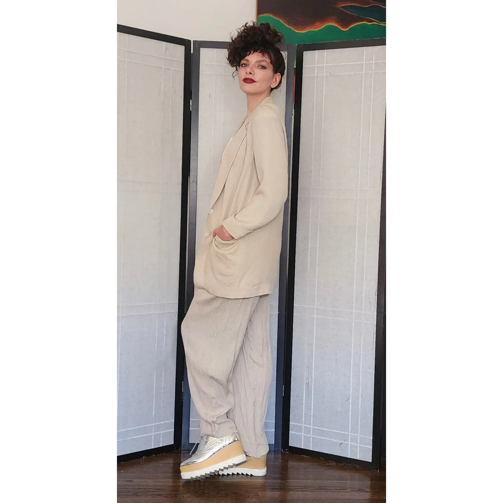 Vintage 80s 90s DONNA KARAN Pant Suit Beige Silk