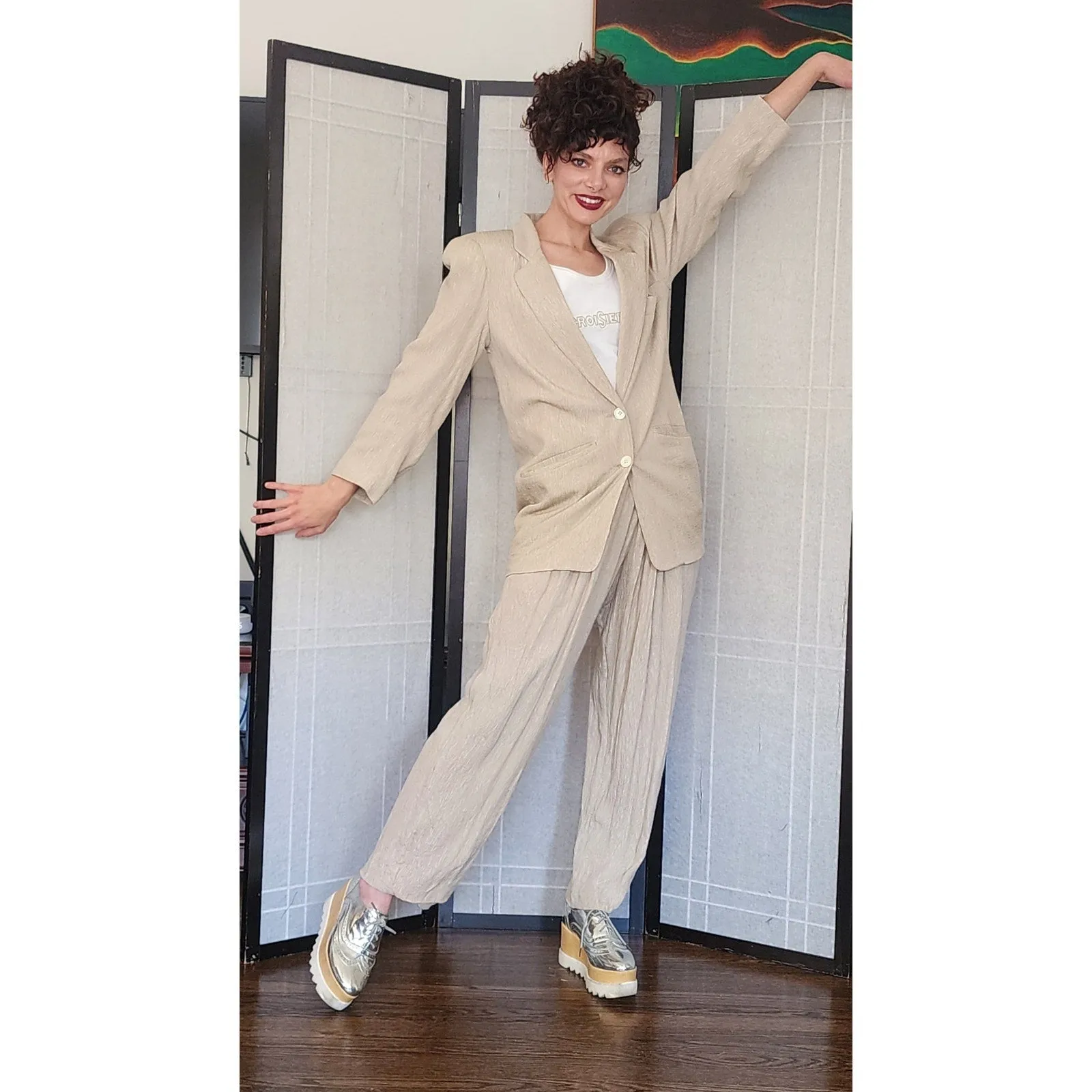 Vintage 80s 90s DONNA KARAN Pant Suit Beige Silk