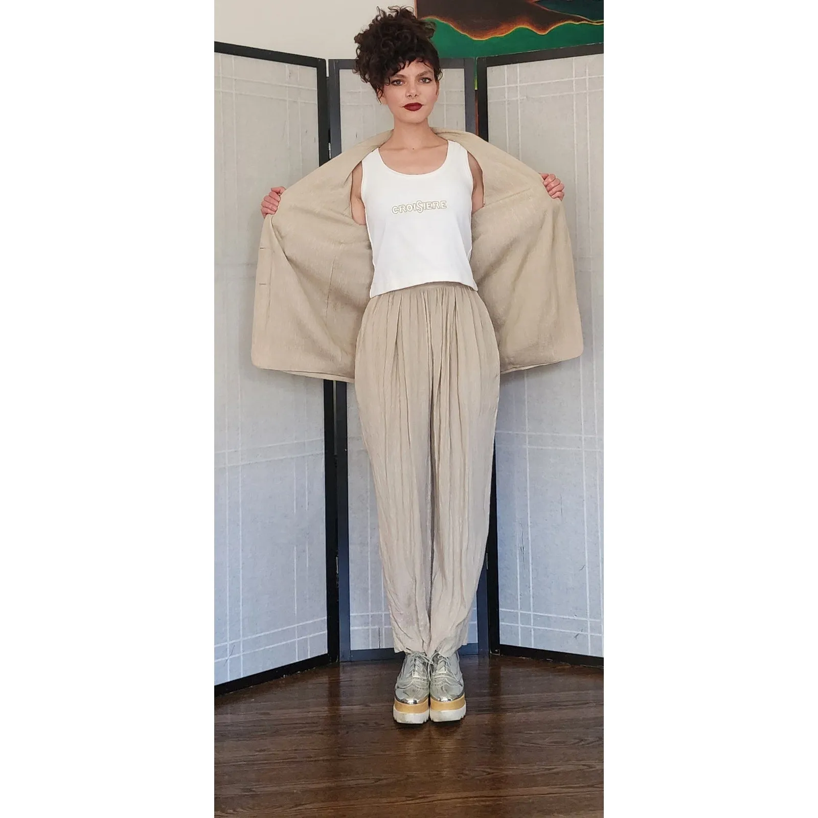 Vintage 80s 90s DONNA KARAN Pant Suit Beige Silk