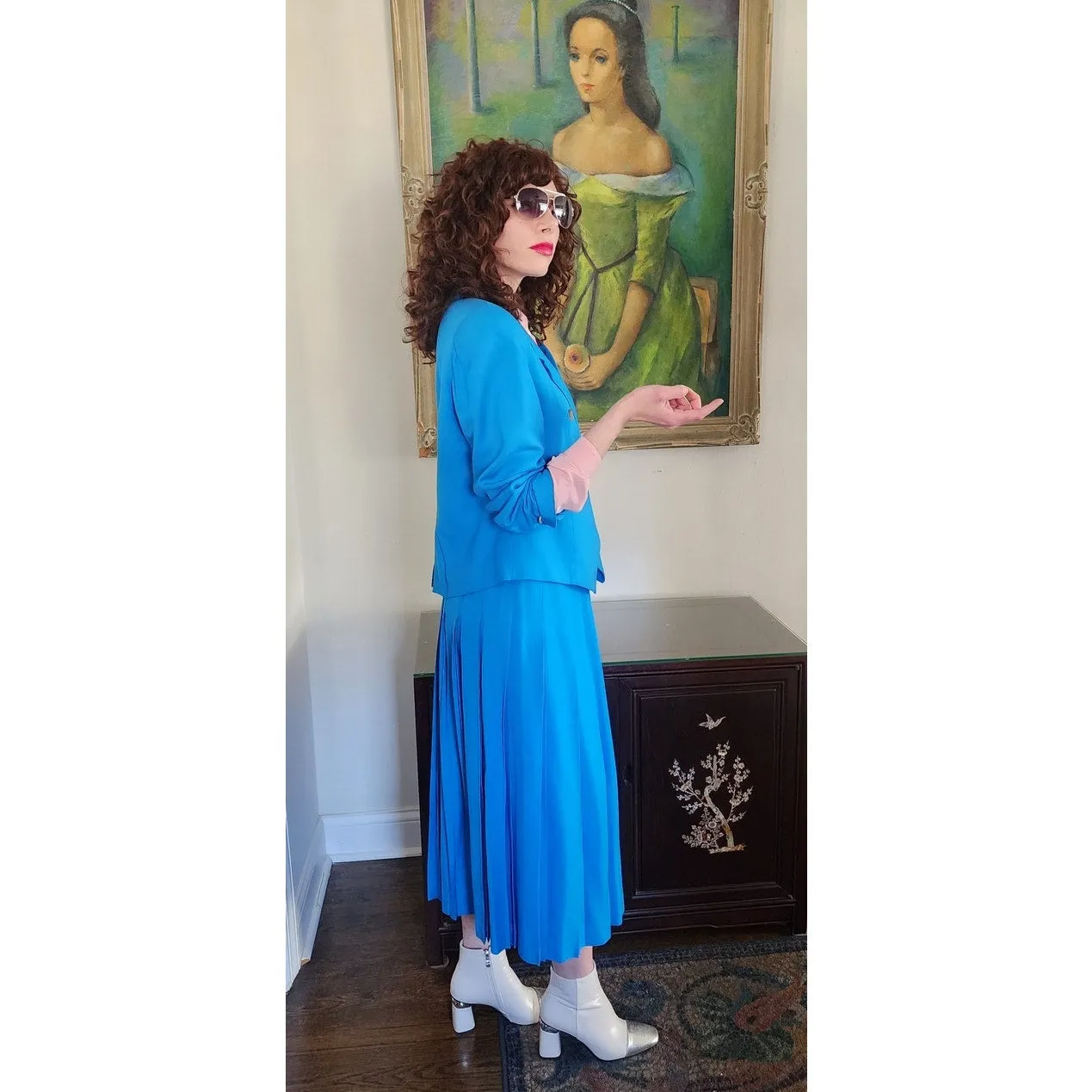 Vintage 80s Christian Dior Skirt Suit Turquoise Blue Wool Pleated Skirt / M