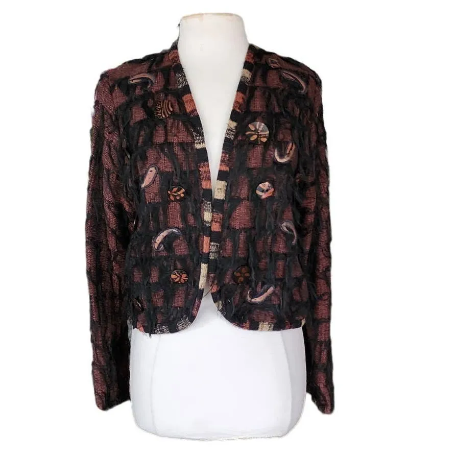 Vintage 80s Handwoven Brown Blazer Applique Fringe by Crystal