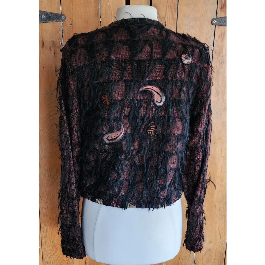 Vintage 80s Handwoven Brown Blazer Applique Fringe by Crystal
