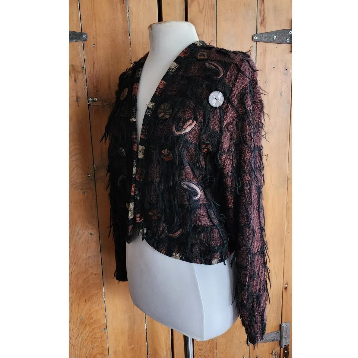 Vintage 80s Handwoven Brown Blazer Applique Fringe by Crystal