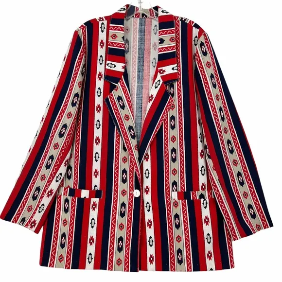 Vintage Native Pattern Red, White, Blue, Khaki Unlined Blazer by Bon Worth USA