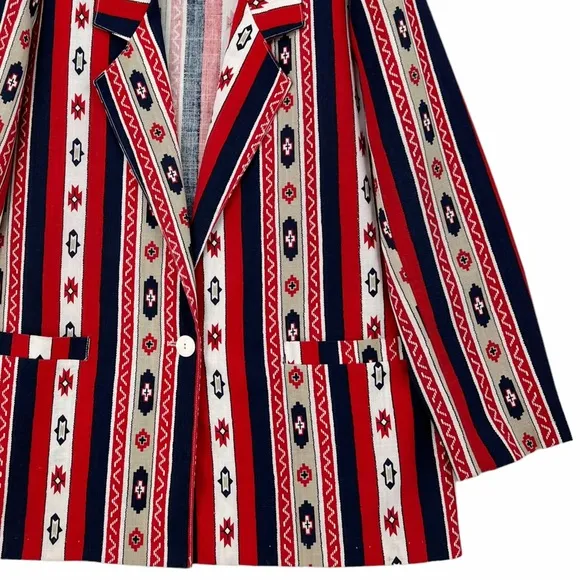 Vintage Native Pattern Red, White, Blue, Khaki Unlined Blazer by Bon Worth USA