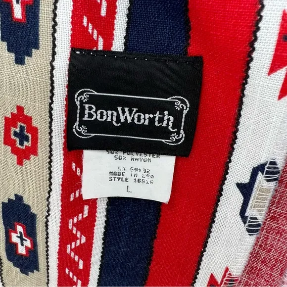 Vintage Native Pattern Red, White, Blue, Khaki Unlined Blazer by Bon Worth USA