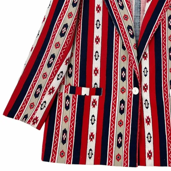 Vintage Native Pattern Red, White, Blue, Khaki Unlined Blazer by Bon Worth USA