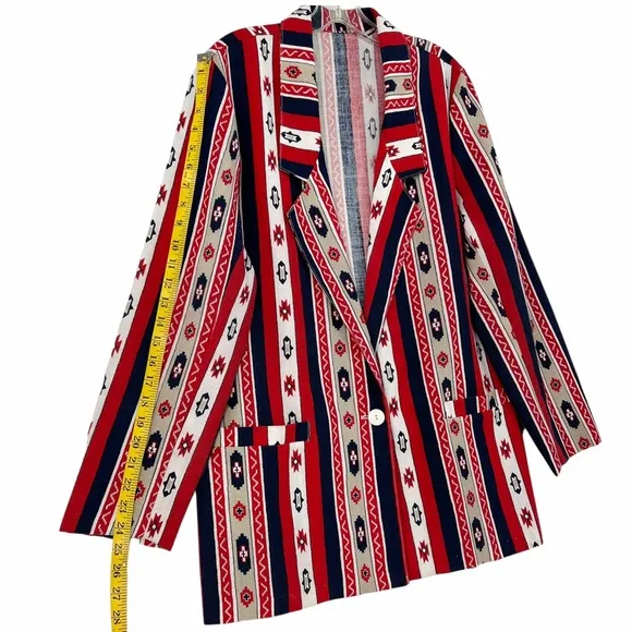 Vintage Native Pattern Red, White, Blue, Khaki Unlined Blazer by Bon Worth USA