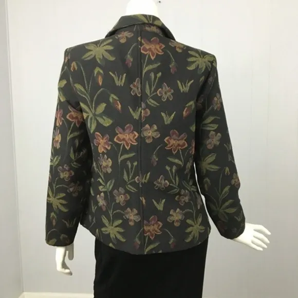 Vintage Tapestry Blazer Floral Brocade Petite M USA Black Green Woman’s Dark