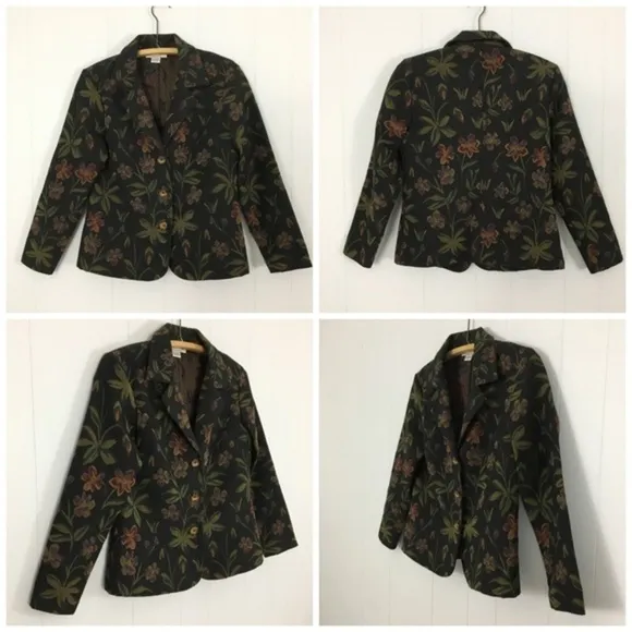 Vintage Tapestry Blazer Floral Brocade Petite M USA Black Green Woman’s Dark