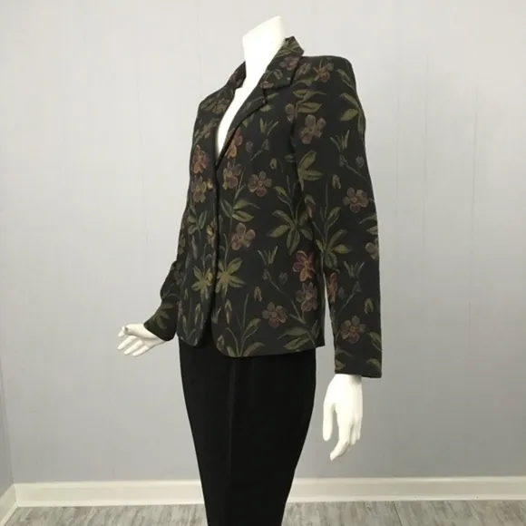 Vintage Tapestry Blazer Floral Brocade Petite M USA Black Green Woman’s Dark