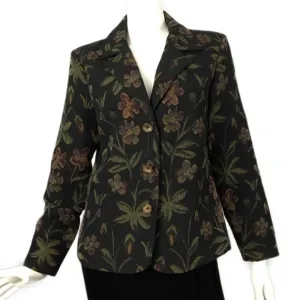 Vintage Tapestry Blazer Floral Brocade Petite M USA Black Green Woman’s Dark