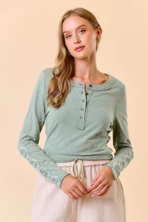 Vintage Wash Crochet Detail Long Sleeve