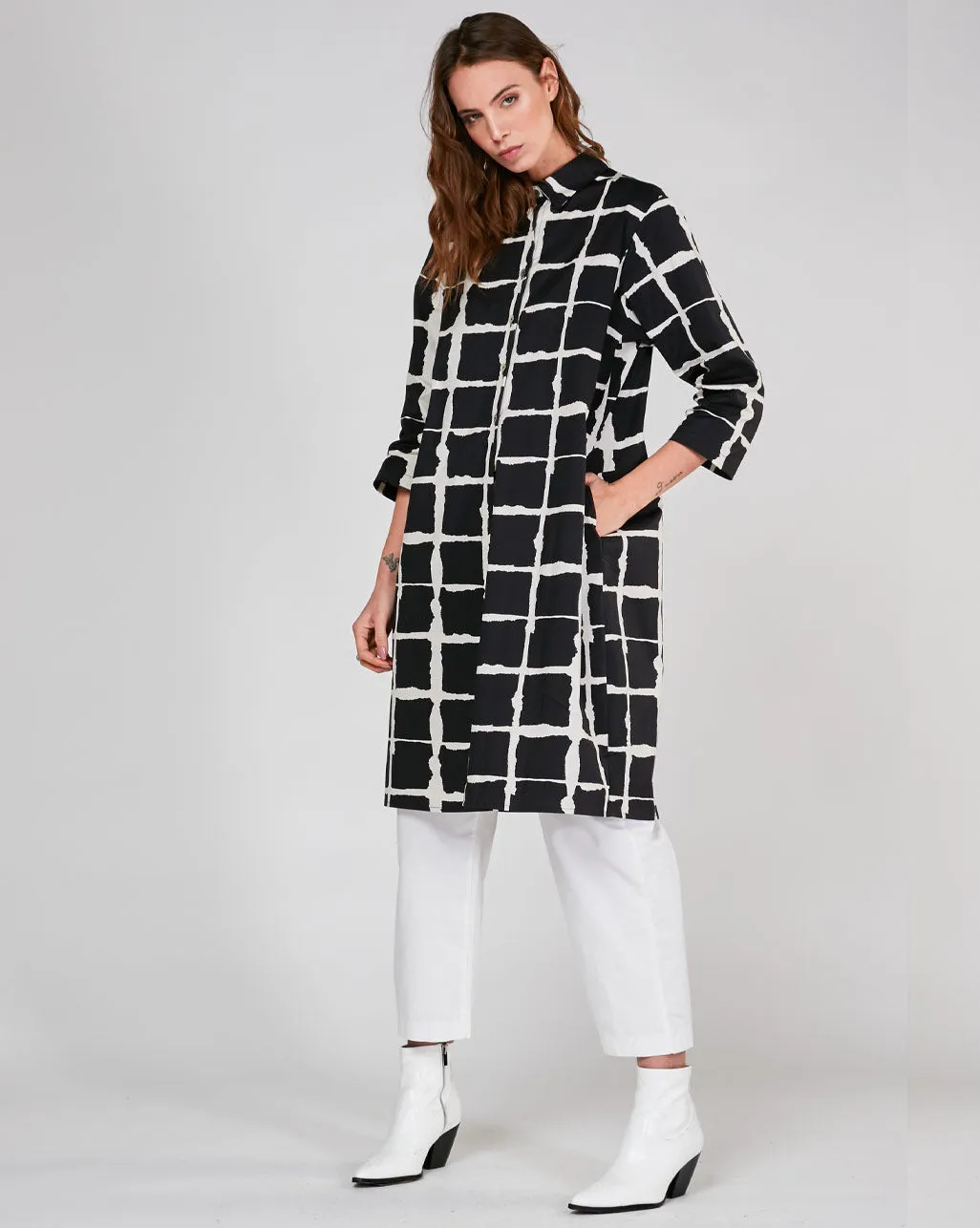 Wave Grid Line Striped Shirtdress