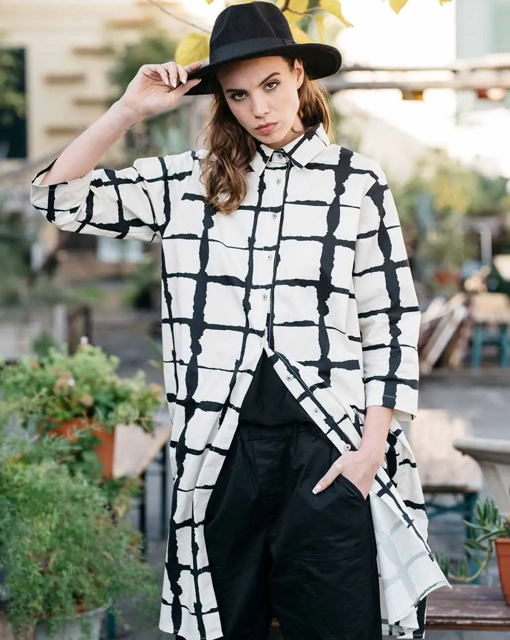 Wave Grid Line Striped Shirtdress