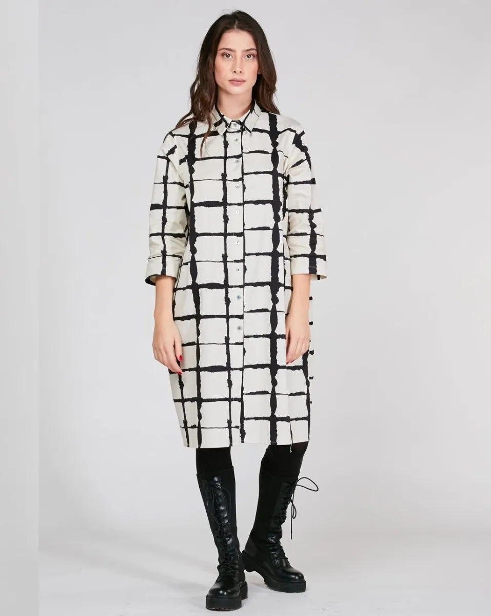 Wave Grid Line Striped Shirtdress