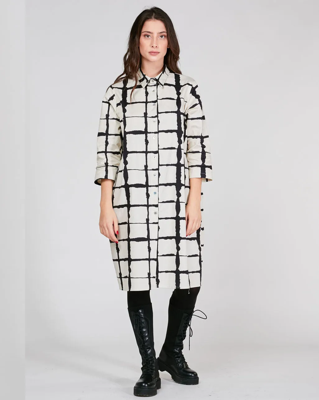 Wave Grid Line Striped Shirtdress