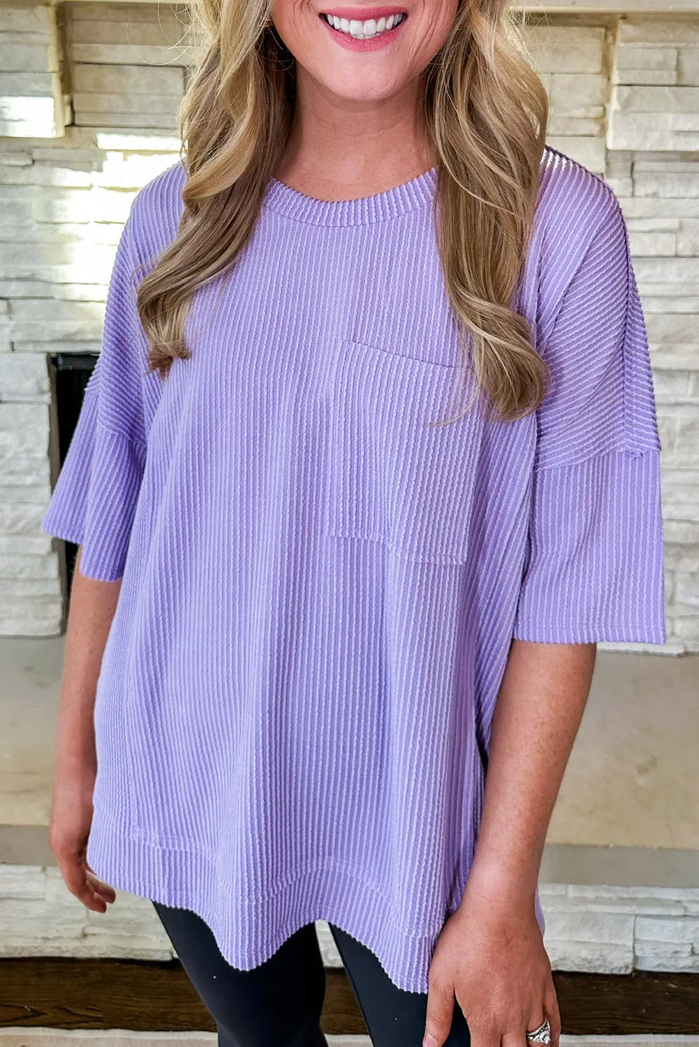 Wisteria Solid Color Corded Patched Pocket Loose T Shirt