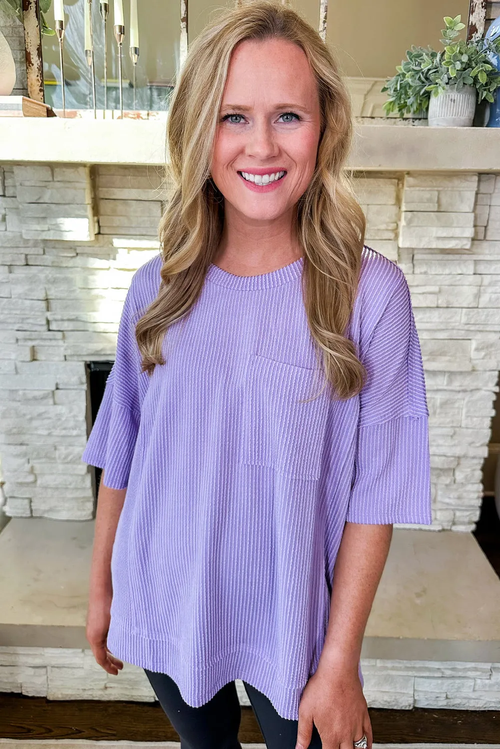 Wisteria Solid Color Corded Patched Pocket Loose T Shirt