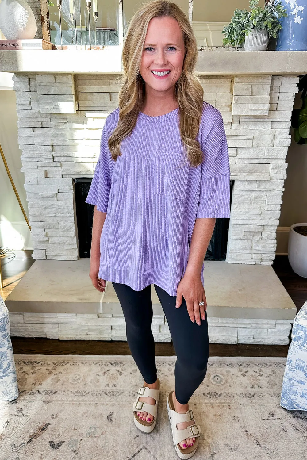 Wisteria Solid Color Corded Patched Pocket Loose T Shirt