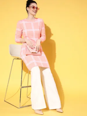 Women Pink & White Check Hair Wool Long Sweater