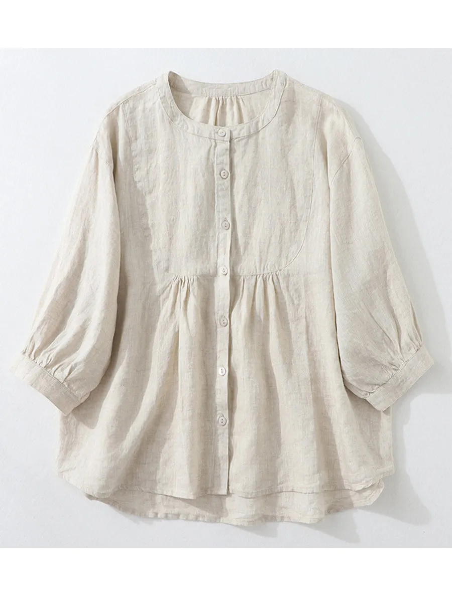 Women Vintage Loose Stand Collar Cotton and Linen Shirt