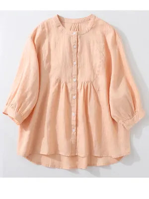 Women Vintage Loose Stand Collar Cotton and Linen Shirt