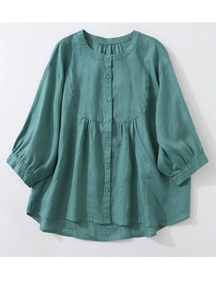 Women Vintage Loose Stand Collar Cotton and Linen Shirt