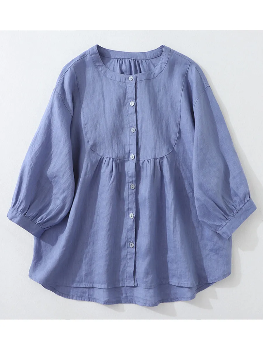 Women Vintage Loose Stand Collar Cotton and Linen Shirt