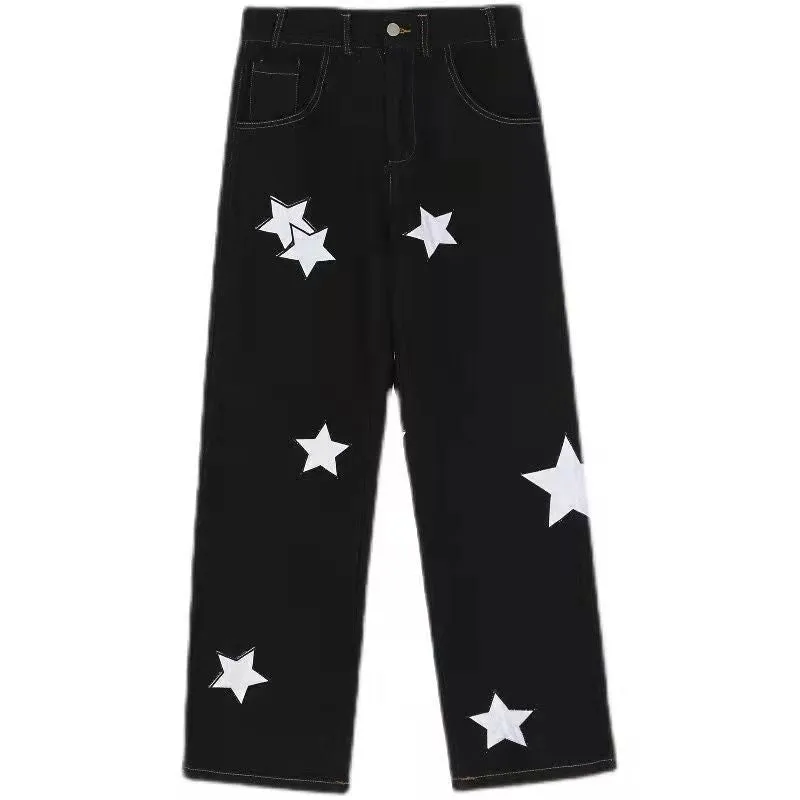 Women’s Baggy Straight Leg Pants with White Star Patches