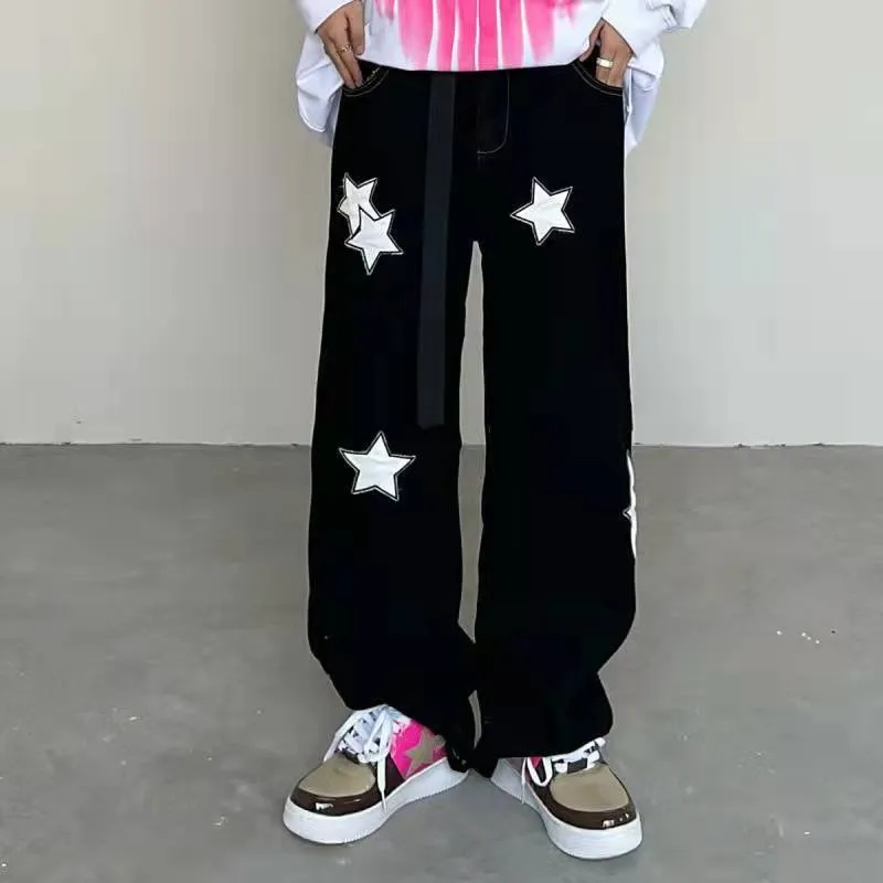 Women’s Baggy Straight Leg Pants with White Star Patches