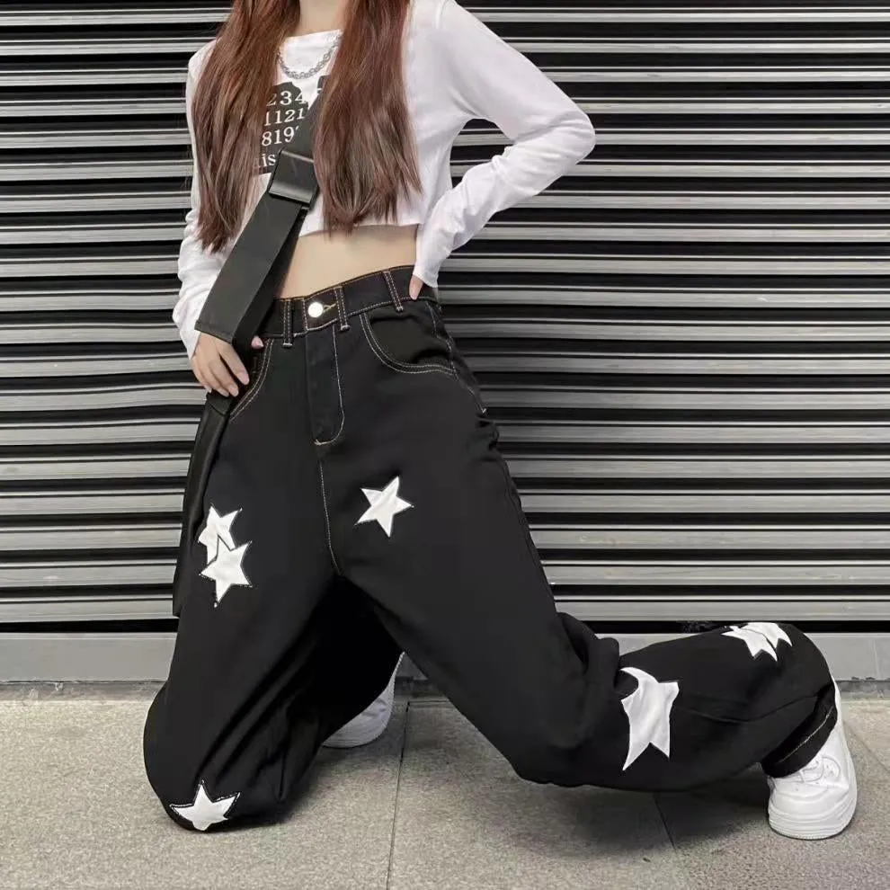 Women’s Baggy Straight Leg Pants with White Star Patches