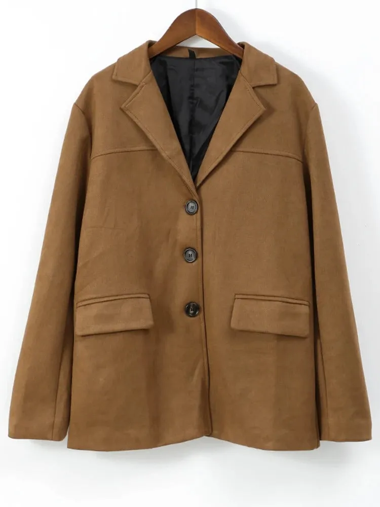 Women™s Brown Suede Leather Blazer Jacket - Single-Breasted, Pockets