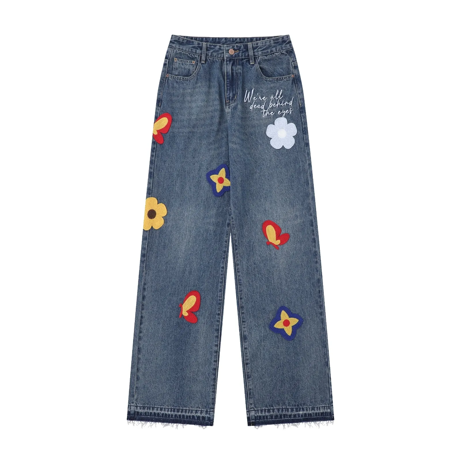 Women's Y2K High Waisted Straight Leg Baggy Jean 3D Floral Embroidered Denim Pants with Pocket