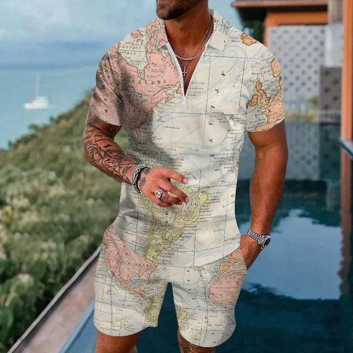 World Map Short Sleeve Zip Polo Shorts Set 2404001355