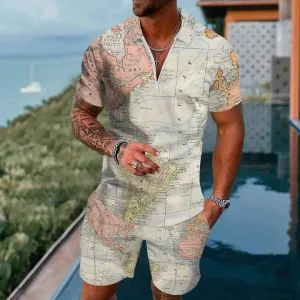 World Map Short Sleeve Zip Polo Shorts Set 2404001355