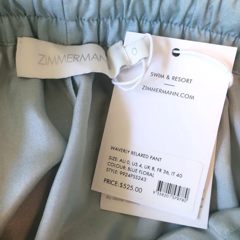 Zimmermann Waverly Relaxed Pants Blue Floral Print Silk Size 0 US 4 NEW
